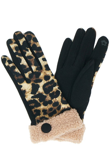 Leopard Sherpa Cuff Button Gloves. 