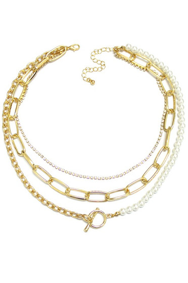 Layered Pearl And Stone Toggle Necklace