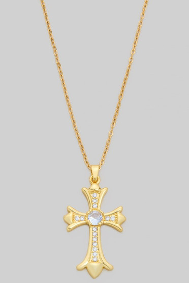 Brass Cz Pave Cross Pendant Necklace - #KN24720