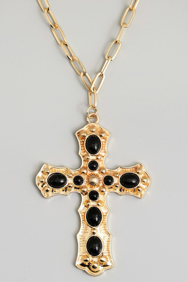 Large Black Stone Pave Cross Pendant Chain Necklac