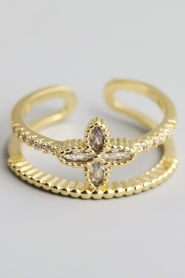 Brass Textured Stack Ring With Cz Clover