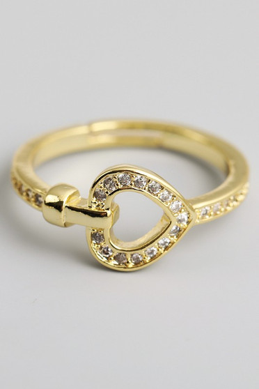 Adjustable Brass Heart Ring With Cz Pave