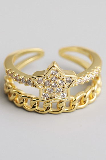 Brass Chain And Star Ring With Cz Pave