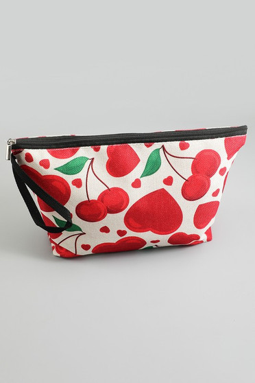 Woven Cherry And Heart Print Make Up Pouch