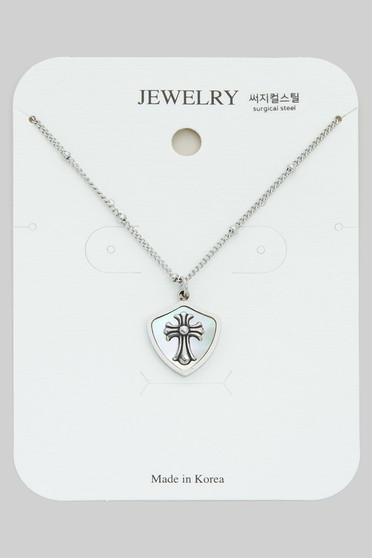Surgical Steel Cross Pearl Shield Pendant Necklace