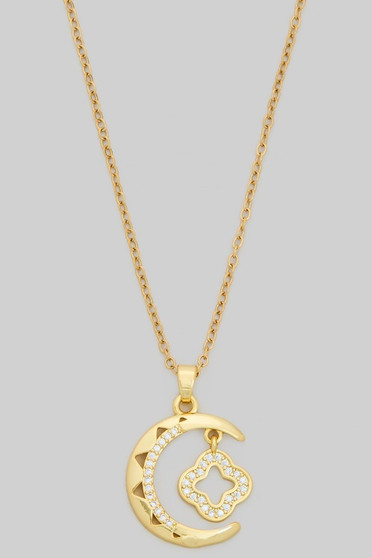 Brass Crescent And Clover Pendant Necklace With Cz