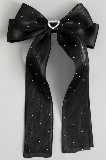 Satin Bow Hair Clip With Heart Stones