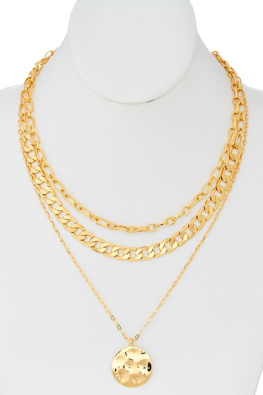 Hammered Disc Pendant Layered Chain Necklace
