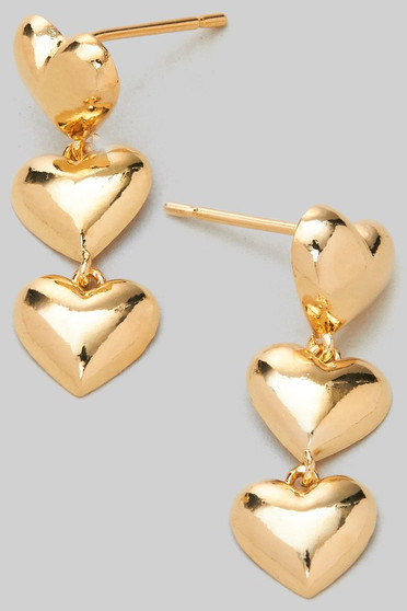 Brass Triple Heart Drop Earrings