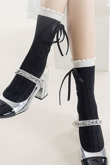 Two Tone Socks With Satin Bow