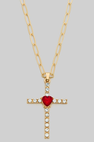 Cz Heart Cross Pendant Paper Clip Chain Necklace