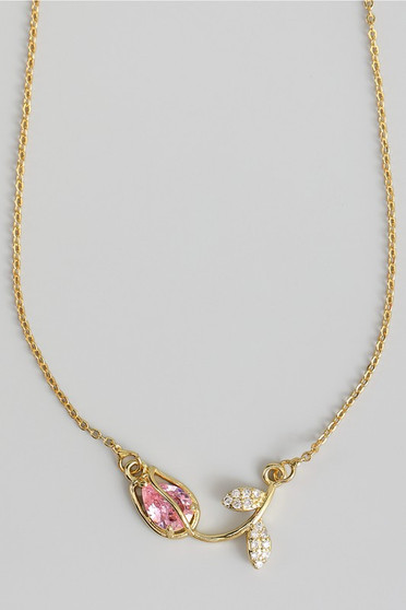 Brass And Cz Stone Tulip Flower Pendant Necklace