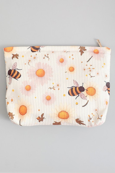 Bee And Flower Print Corduroy Makeup Travel Pouch