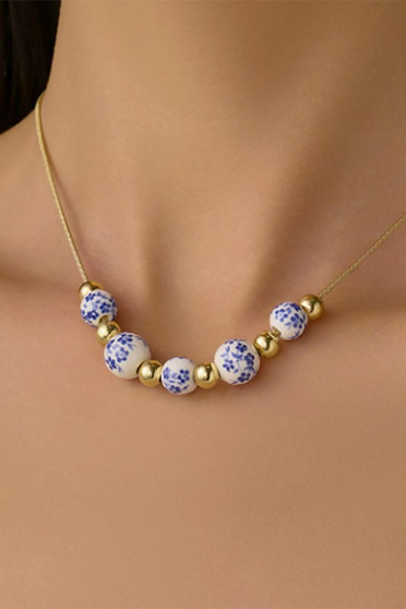 Floral Porcelain Beaded Stainless Chain Necklace