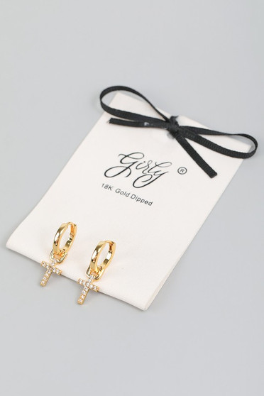 18K Gold Dipped Cz Pave Cross Charm Huggies