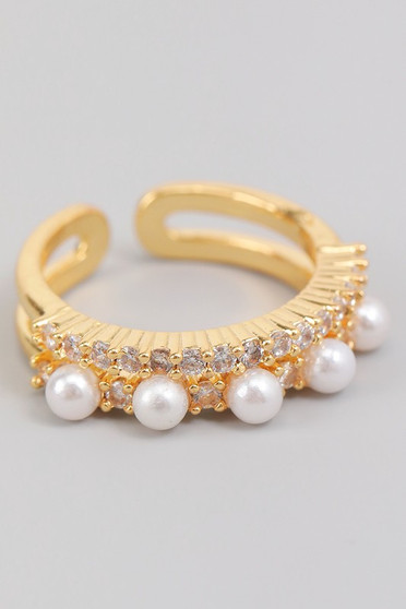 Brass Stack Ring With Cz Pave And Pearly Beads