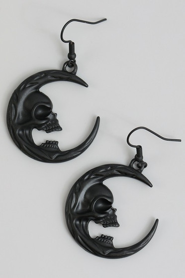 Gothic Skull And Crescent Moon Drop Earrings