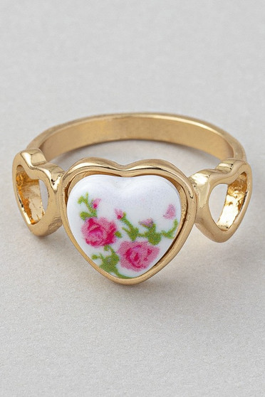 Flower Porcelain Heart Band Ring - #YR0208