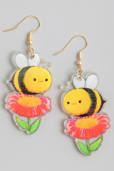 Acrylic Bee And Flower Drop Earrings