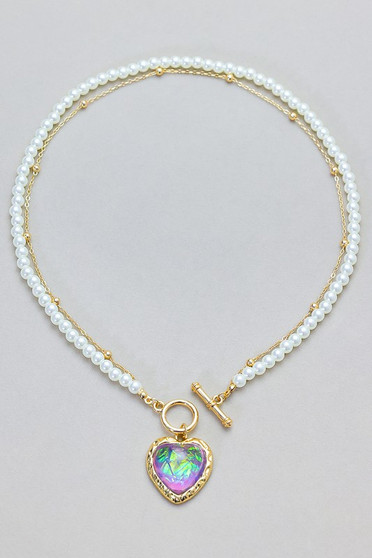 Heart Pendant Pearl And Chain Toggle Necklace