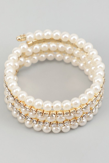 Coiled Stretch Cz And Pearly Bead Bracelet