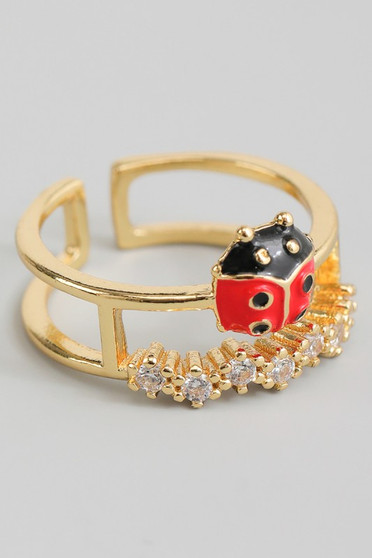 Lady Bug Split Ring With Cz Pave