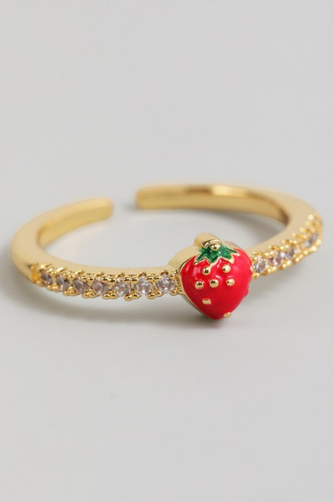 Dainty Strawberry Brass Ring With Cz Pave