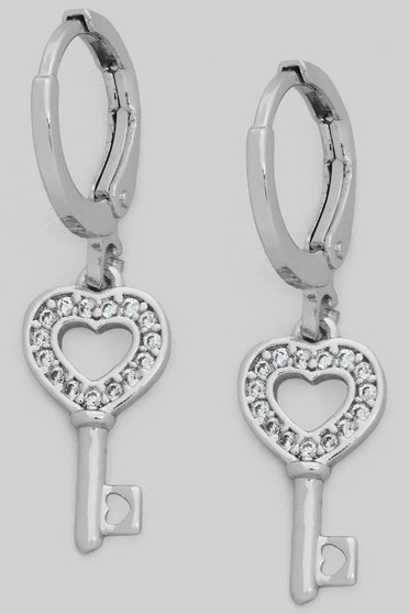 Dainty Brass Huggies With Cz Heart Key Charm