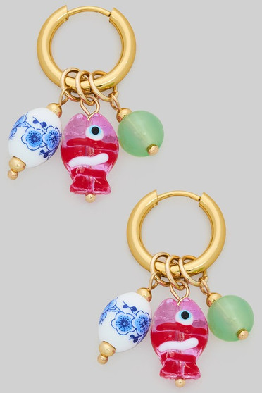 Fish And Porcelain Bead Small Hoop Earrings
