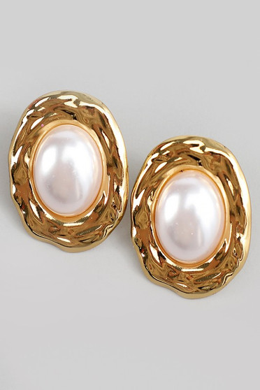 Metallic And Oval Pearl Post Earrings