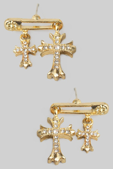 Double Chrome Cross Safety Pin Earrings