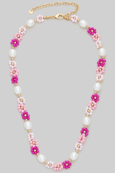 Faux Pearl And Beaded Flower Necklace