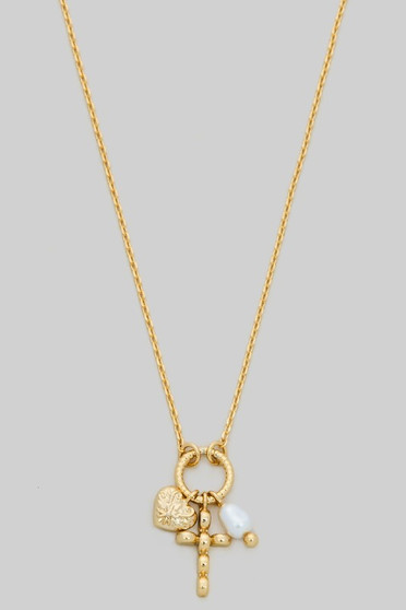Dainty Heart Cross And Pearl Charm Necklace