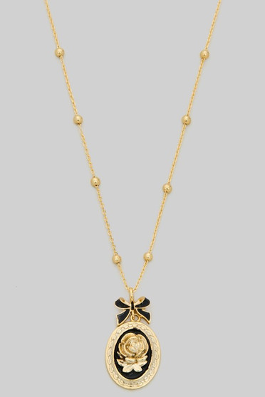 Dainty Bow And Rose Oval Pendant Necklace