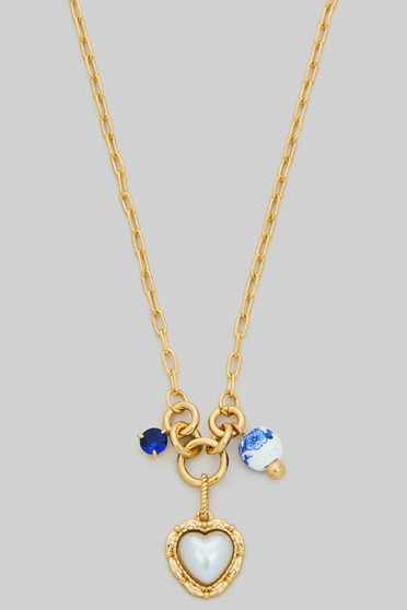 Ceramic Bead Pearl Heart And Stone Charm Necklace