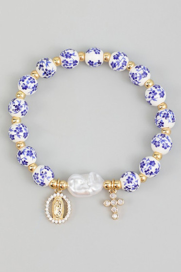 Porcelain Bead Stretch Bracelet With Cross N Mary
