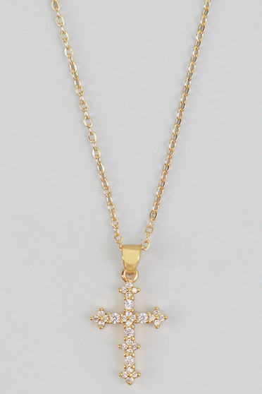 Cz Pave Pointed Cross Pendant Brass Necklace