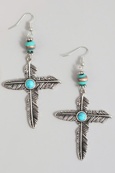 Western Feather Cross Drop Earrings