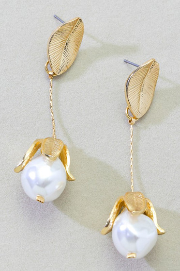 Leafy Studs With Dangling Pearls