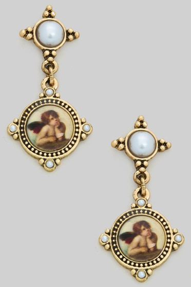 Pearl Earrings With Dangling Angel Portrait
