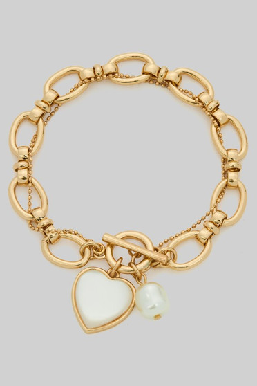 Heart And Pearl Charm Chain Bracelet