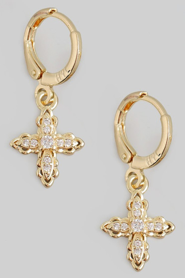 Brass Small Cross With Cz Pave Huggies