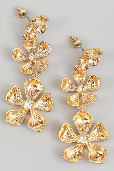 Brass Linear Flower Drop Earrings With Cz
