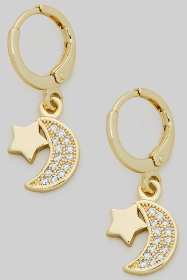 Dainty Brass Huggies With Cz Moon And Star Charms