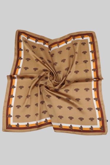 Silky Square Brown Scarf With Bee Print