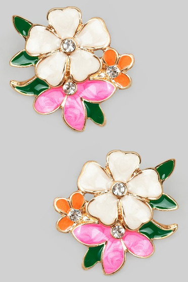 Lacquered Multi Flower Drop Earrings With Cz