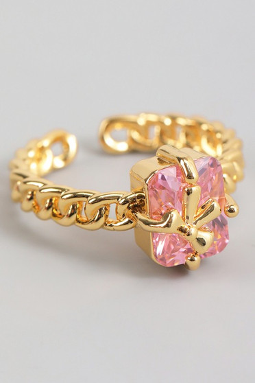 Brass Chain Ring With Bow Wrapped Pink Stone