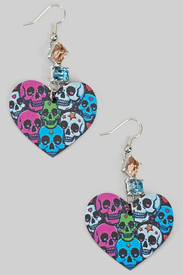 Multi Skull Print Heart Drop Earrings