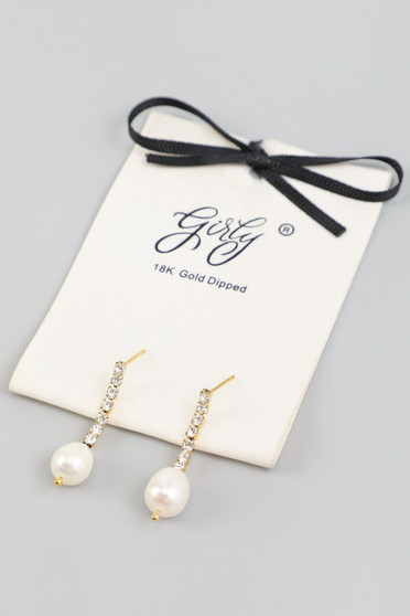 18K Gold Dipped Linear Cz And Pearl Drop Earrings