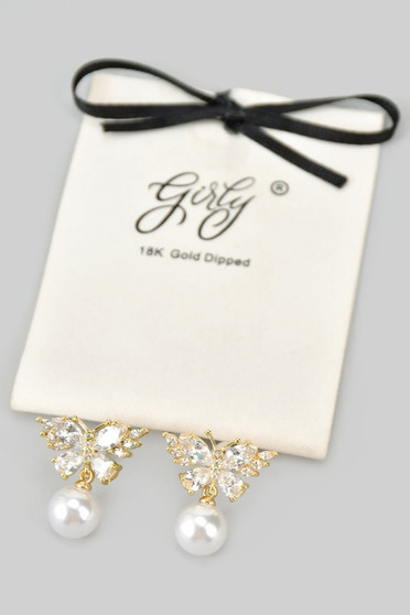 18K Gold Dipped Studs With Cz Butterfly And Pearl